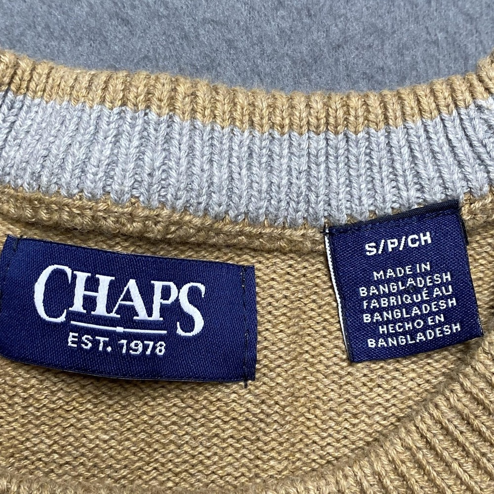 Chaps Sweater Mens Small Beige Gray Stripe Cotton Crewneck Knit Pullover Logo - Picture 3 of 8